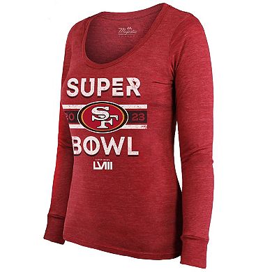Women's Majestic Threads Scarlet San Francisco 49ers Super Bowl LVIII Make It Happen Lightweight Tri-Blend Long Sleeve Scoop Neck T-Shirt