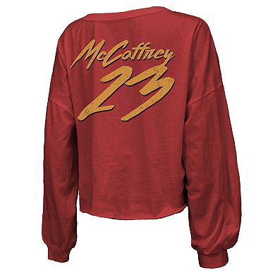 Women's Majestic Threads Christian McCaffrey Scarlet San Francisco 49ers Super Bowl LVIII Name & Number Script Off-Shoulder Cropped Long Sleeve T-Shirt