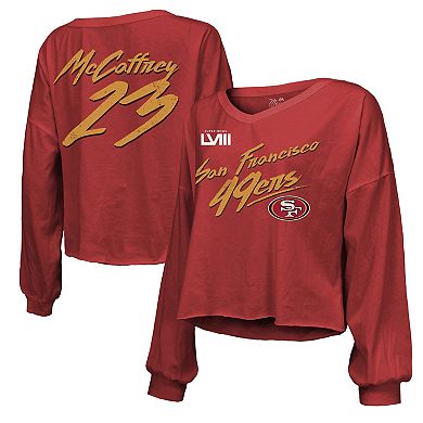 Women's Majestic Threads Christian McCaffrey Scarlet San Francisco 49ers Super Bowl LVIII Name & Number Script Off-Shoulder Cropped Long Sleeve T-Shirt