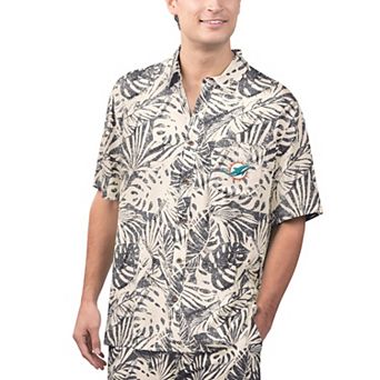 Men's Margaritaville Tan Miami Dolphins Sand Washed Monstera Print Party Button-Up Shirt