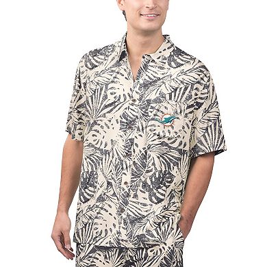 Men's Margaritaville Tan Miami Dolphins Sand Washed Monstera Print Party Button-Up Shirt