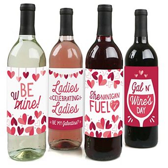 Big Dot Of Happiness Happy Galentine's Day - Valentine's Day Party Wine Bottle Stickers 4 ct