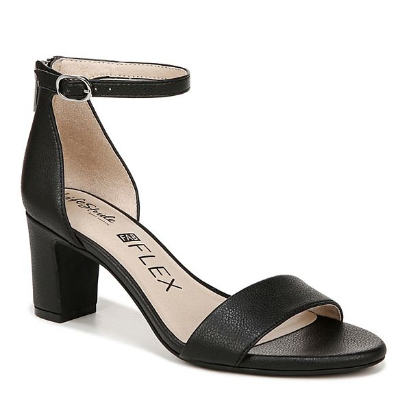 LifeStride Women's Florence Black Open Round Toe Block 2 1/2" Heel Back Zipper Ankle Strap Sandals, Size 7 (W)