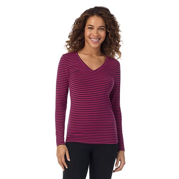 Women's Cuddl Duds® Softwear with Stretch Long Sleeve V-Neck Top - Fuchsia Stripe (X SMALL)