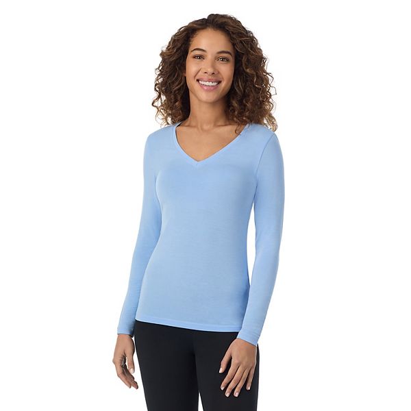 Women's Cuddl Duds® Softwear with Stretch Long Sleeve V-Neck Top - Vista Blue (X SMALL)