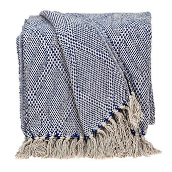 Blue and Beige Transitional Woven Handloom Throw Blanket 52” x 67”