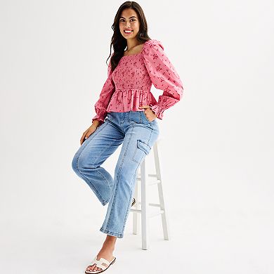 Juniors' Dizzy Lizzy Long Sleeve Balloon Sleeve Smocked Blouse