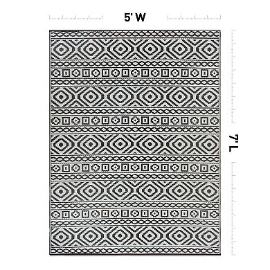 World Rug Gallery Black Geometric Reversible Indoor / Outdoor Area Rug