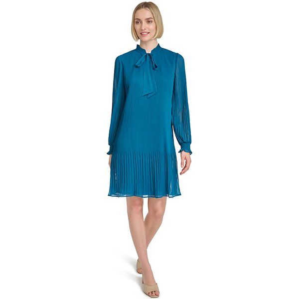 dkny long sleeve tie neck pleated shift dress