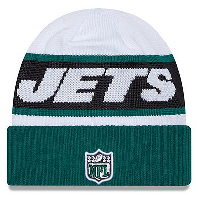 Men's New Era  White/Green New York Jets 2023 Sideline Tech Cuffed Knit Hat