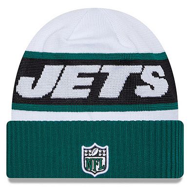 Men's New Era White/Green New York Jets 2023 Sideline Tech Cuffed Knit Hat