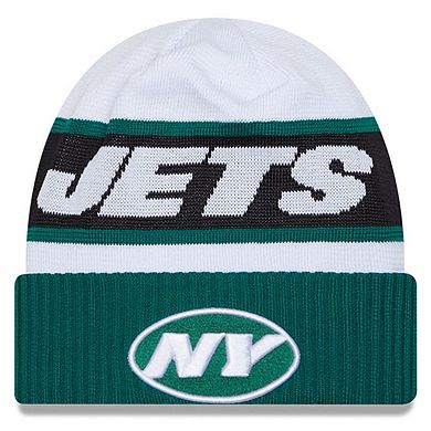 Men's New Era  White/Green New York Jets 2023 Sideline Tech Cuffed Knit Hat