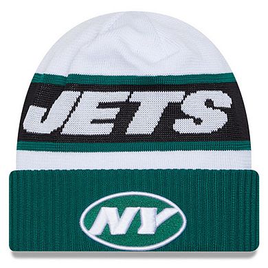 Men's New Era White/Green New York Jets 2023 Sideline Tech Cuffed Knit Hat