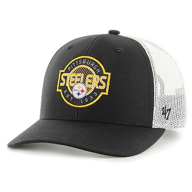 Youth '47 Black/White Pittsburgh Steelers Scramble Adjustable Trucker Hat