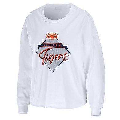 Women's WEAR by Erin Andrews White Auburn Tigers Diamond Long Sleeve Cropped T-Shirt