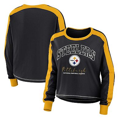 Women's WEAR by Erin Andrews Black Pittsburgh Steelers Plus Size Colorblock Long Sleeve T-Shirt