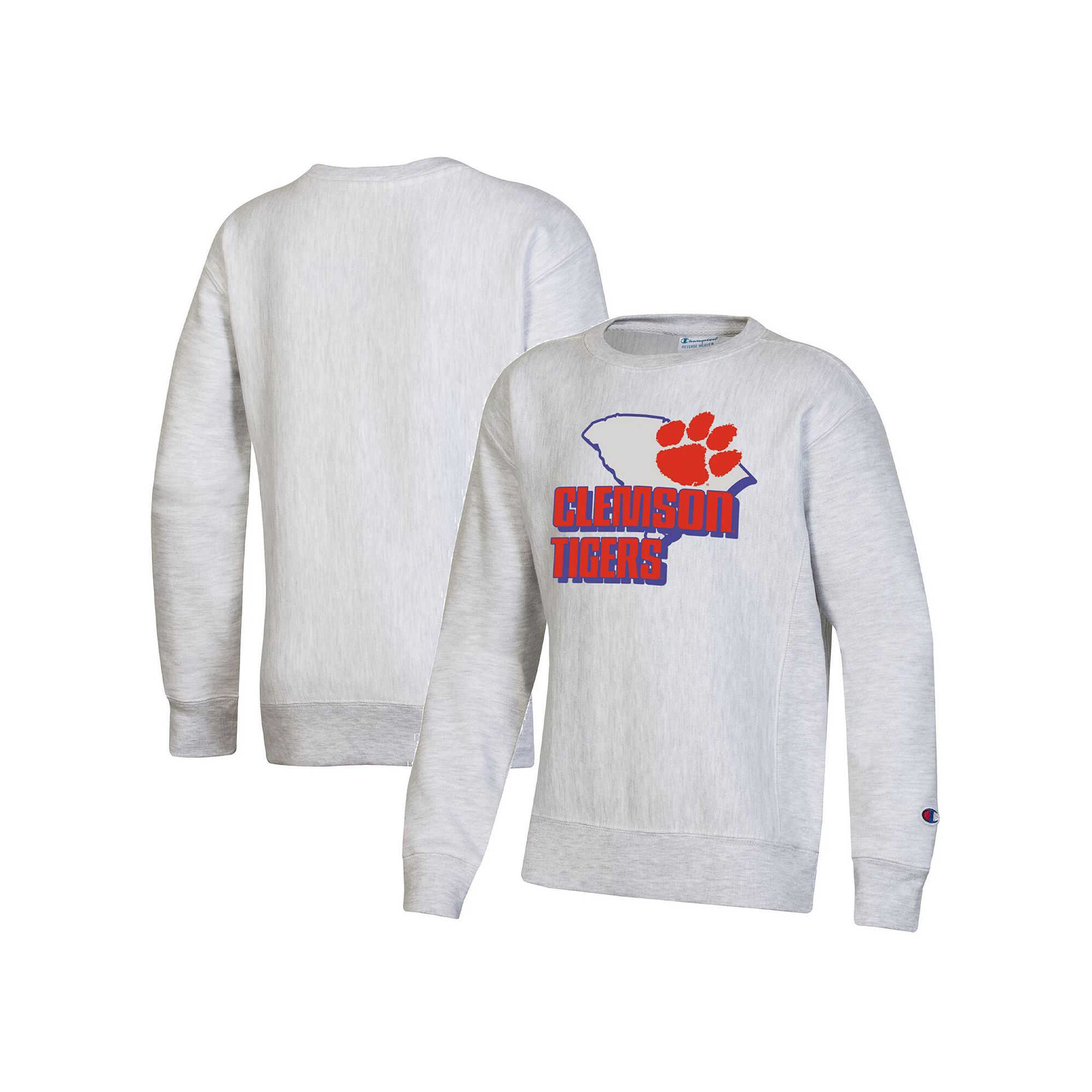Youth Champion Heather Gray Clemson Tigers Reverse Weave Pullover Sweatshir