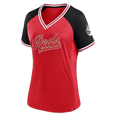 Women's Fanatics Branded Red Cincinnati Reds Glitz & Glam League Diva Raglan V-Neck T-Shirt