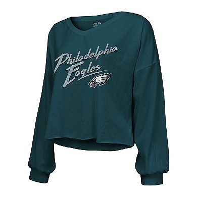 Women's Majestic Threads Jalen Hurts Midnight Green Philadelphia Eagles Name & Number Off-Shoulder Script Cropped Long Sleeve V-Neck T-Shirt