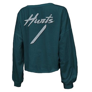Women's Majestic Threads Jalen Hurts Midnight Green Philadelphia Eagles Name & Number Off-Shoulder Script Cropped Long Sleeve V-Neck T-Shirt