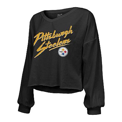 Women's Majestic Threads T.J. Watt Black Pittsburgh Steelers Name & Number Off-Shoulder Script Cropped Long Sleeve V-Neck T-Shirt