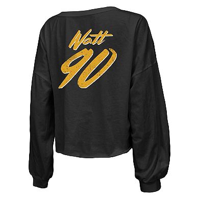 Women's Majestic Threads T.J. Watt Black Pittsburgh Steelers Name & Number Off-Shoulder Script Cropped Long Sleeve V-Neck T-Shirt