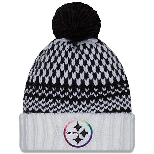 Women s New Era Black White Pittsburgh Steelers 2023 NFL Crucial Catch Cuffed Pom Knit Hat