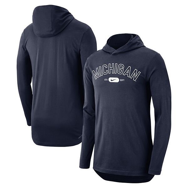 【NIKE】Michigan Wolverines Blitz Long-Sleeve Hooded T-Shirt Nike Mens BLUE Michigan Wolverines Dri-Fit Hoodie - 198600320