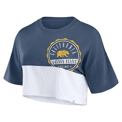 Women's Fanatics Navy/White Cal Bears Oversized Badge Colorblock Cropped T-Shirt