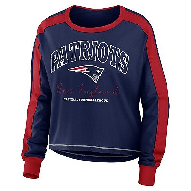 Women's WEAR by Erin Andrews Navy/Red New England Patriots Color Block Modest Crop Long Sleeve T-Shirt