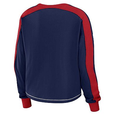 Women's WEAR by Erin Andrews Navy/Red New England Patriots Color Block Modest Crop Long Sleeve T-Shirt