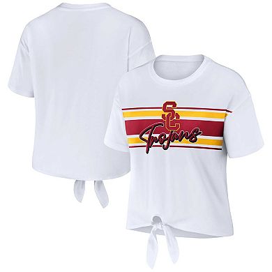 Women's WEAR by Erin Andrews White USC Trojans Striped Front Knot Cropped T-Shirt