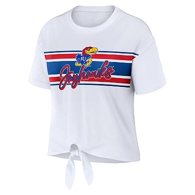Women's WEAR by Erin Andrews White Kansas Jayhawks Striped Front Knot Cropped T-Shirt