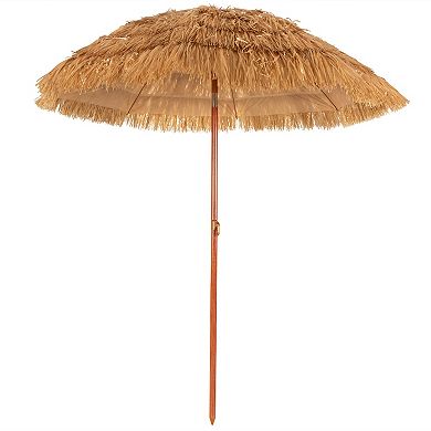 Portable Thatched Tiki Beach Umbrella with Adjustable Tilt for Poolside and Backyard
