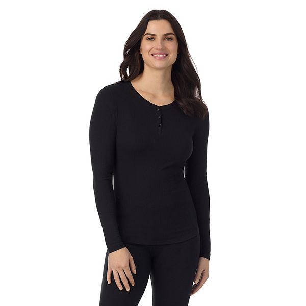 Women's Cuddl Duds® Stretch Rib Long Sleeve Crew Henley Top - Black (X SMALL)