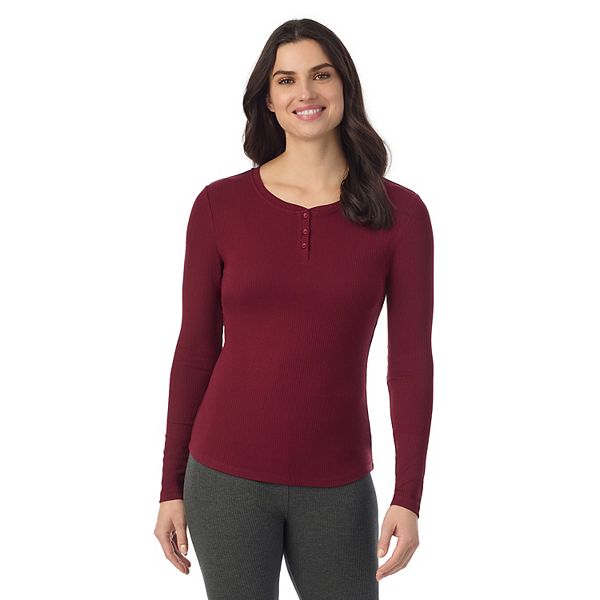 Women's Cuddl Duds® Stretch Rib Long Sleeve Crew Henley Top - Cabernet (X SMALL)