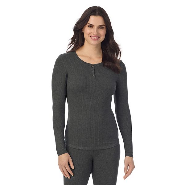 Women's Cuddl Duds® Stretch Rib Long Sleeve Crew Henley Top - Charcoal Heather (X SMALL)