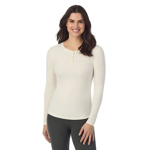 Women's Cuddl Duds® Stretch Rib Long Sleeve Crew Henley Top - Ivory (X SMALL)