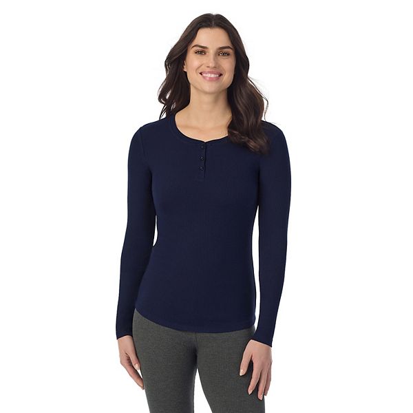 Women's Cuddl Duds® Stretch Rib Long Sleeve Crew Henley Top - Navy Blazer (X SMALL)