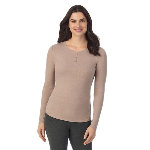 Women's Cuddl Duds® Stretch Rib Long Sleeve Crew Henley Top - Pecan Heather (X SMALL)