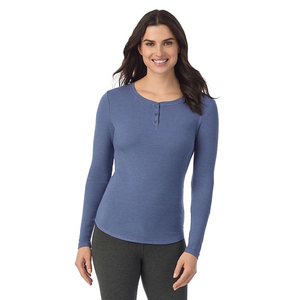 Women's Cuddl Duds® Stretch Rib Long Sleeve Crew Henley Top - Smoke Blue Heather (X SMALL)