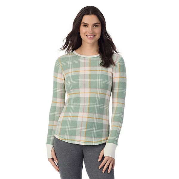 Women's Cuddl Duds® Cozy Stretch Thermal Long Sleeve Crew Top - Green Plaid (SMALL)