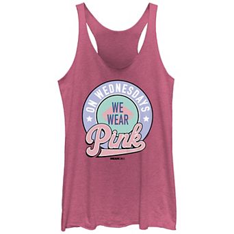 Juniors' Mean Girls On Wednesdays We Wear Pink Stamp Tri-Blend Racerback Graphic Tank Top