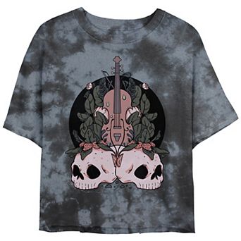 Juniors' Skulls Plants And Violin Crop Top Bombard Wash Graphic Tee