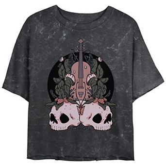Juniors' Skulls Plants And Violin Crop Top Mineral Wash Graphic Tee