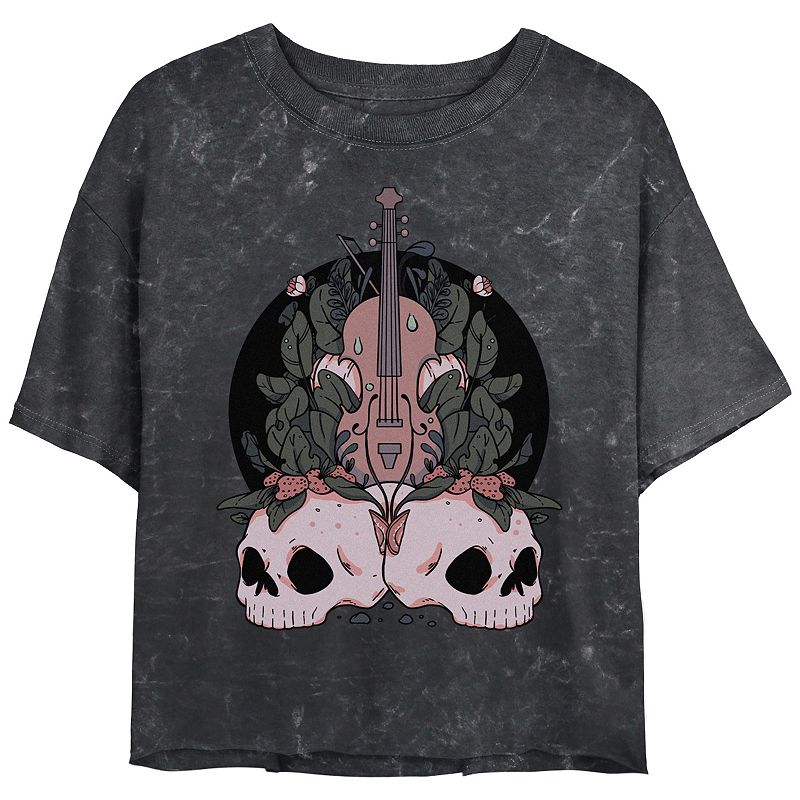 Juniors' Skulls Plants And Violin Crop Top Mineral Wash Graphic Tee, Girl's, Size: XXL, Black