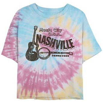 Juniors' Nashville Music City USA Poster Crop Top Tie Dye Graphic Tee