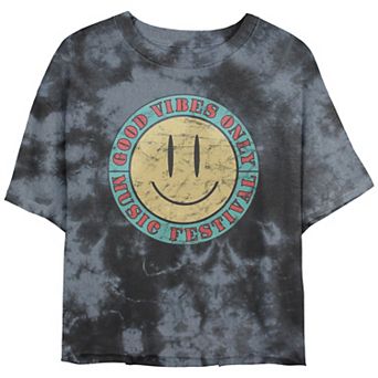 Juniors' Good Vibes Only Music Festival Smiley Face Crop Top Bombard Wash Graphic Tee