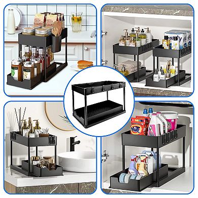Under Sink Organizer- 2-Tier Slim Pull Out Sliding Storage Drawer for Bathroom, Black