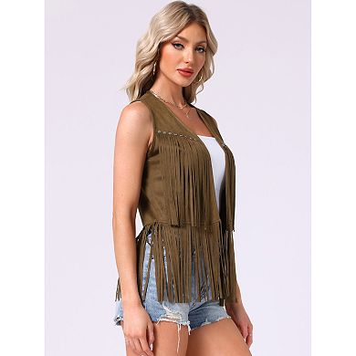 Women's Fringe Vest Open Front Outfits Faux Suede Tassel Cardigan